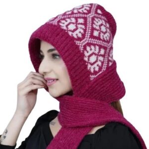 MALOSAHA Women Winter Cap With Attached Muffler - Knitted Woolen With Lovely Scarf, Multiple Colours - Beautifully Designed to Protect Ear & Neck From Cold Winds - Stylish Girls