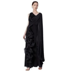 Gown Saree, Black Crepe and Net, Ruffled Draped Style, Wedding