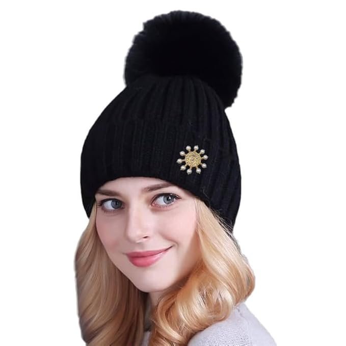 Women Winter Hat Scarf with Gloves Wrist Set for Girls Cute Fur Woolen Warm Hooded Beanie Cap