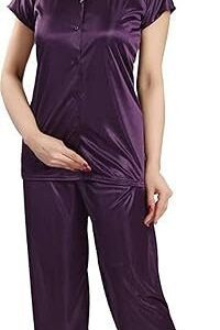 Women's Plain Satin Night Suit (Shirt and Pyjama)