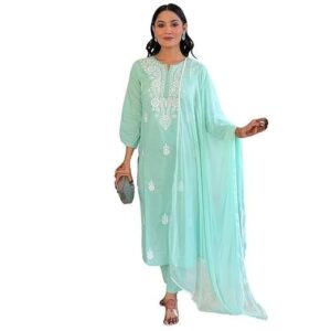 Cotton Embroidered Straight Kurta with Pant and Dupatta Sets (Available in Plus Size) (NX-631)