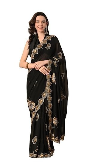 Georgette Black Saree With Attached Blouse Piece