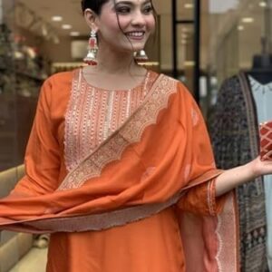 Embroidery Silk Straight Kurta and Pant Set with Dupatta