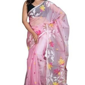 Silk Dhakai Jamdani Saree in Lemonade Pink & Off White in Multicolored Minakari Thread Work for Women Hand Woven Floral Nakashi Work Rich Texture Smooth Finish Indian Sari