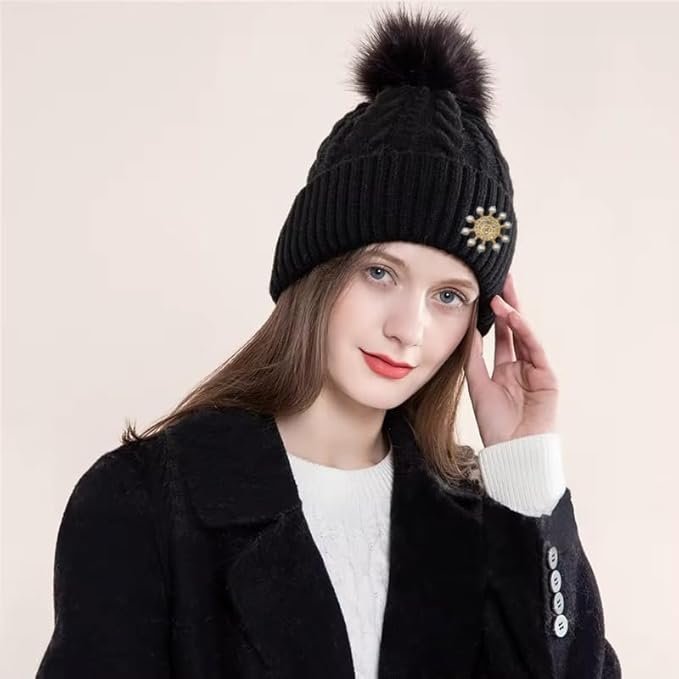Women Winter Hat Scarf with Gloves Wrist Set for Girls Cute Fur Woolen Warm Hooded Beanie Cap - Image 4