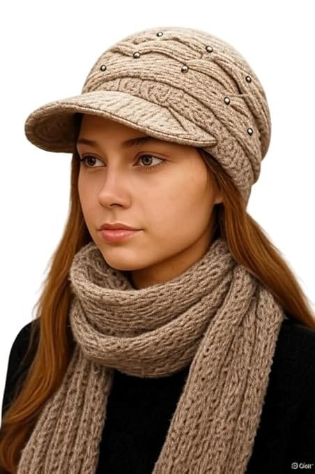Women Woolen Cap and Muffler Set Winter Warm Knitted Hat Scarf Combo (Multicolor,Free Size)