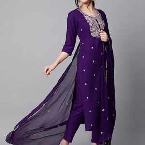 Cotton Blend Embroidered Straight Kurta with Pant & Dupatta