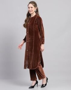 Carlo Womens Self Design Round Neck Wool Blend Kurti Set Blue