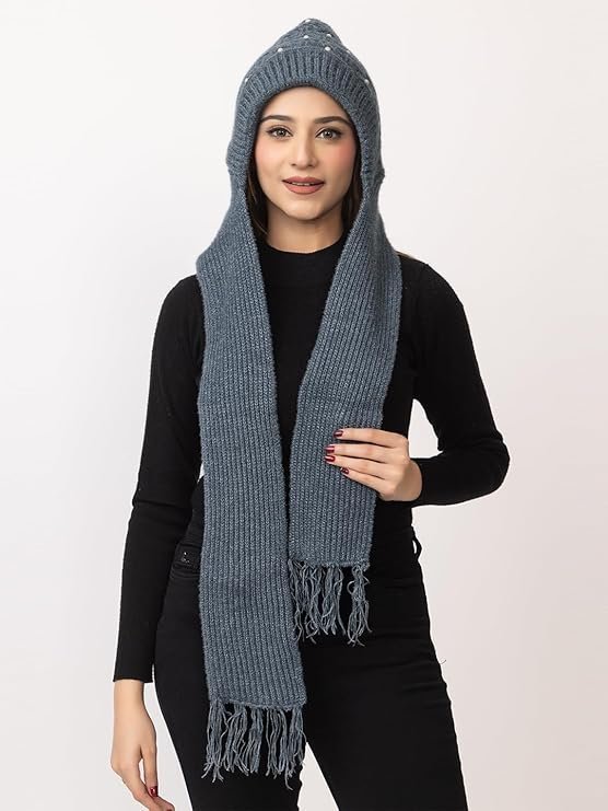 Women's Winter Woolen Soft Warm Knitted Pearls Muffler Beanie Cap With Fur | Fleece Pearl Hat With Attached Scarf For Cold Weather - Image 5