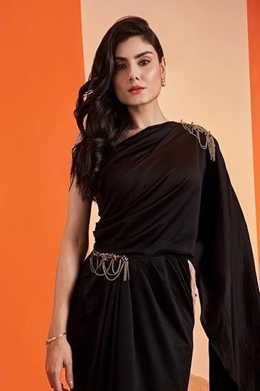 Shoulder Black Saree Gown Women - Party, Cocktail, Wedding Dress (Black) - Image 4