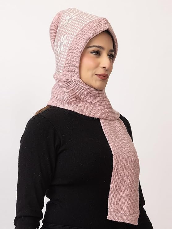 Women's Winter Woolen Soft Warm Knitted Designer Muffler Beanie Cap with Fur | Fleece Printed Woolen Hat with Attached Scarf for Cold Weather - Image 3