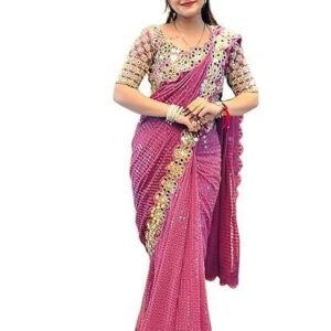 Georgette Sequence Embroidery Mirror Work Saree with Unstitched Blouse Piece