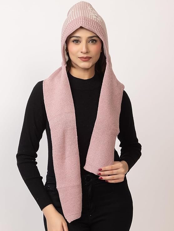 Women's Winter Woolen Soft Warm Knitted Designer Muffler Beanie Cap with Fur | Fleece Printed Woolen Hat with Attached Scarf for Cold Weather - Image 5