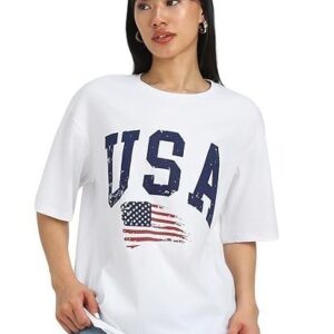 Neck Drop Shoulder Round Neck Black & White Graphic Printed Pure Cotton Oversized Baggy Fit Half Sleeve T-Shirt for Women & Girls (Sizes: S to 2XL)