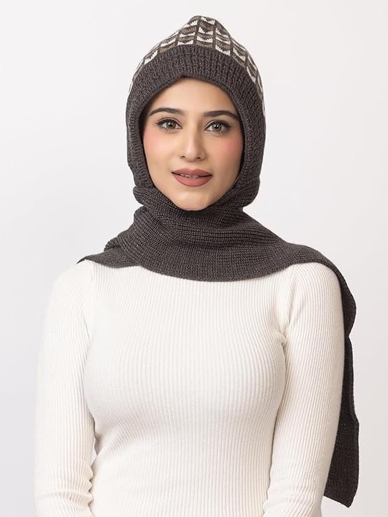 Women's Winter Woolen Warm Soft Knitted Designer Muffler Beanie Cap with Fleece | Fur Printed Woolen Hat with Attached Scarf for Cold Weather - Image 4