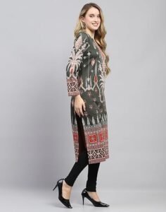 Carlo Womens Self Design Round Neck Wool Blend Kurti Camel