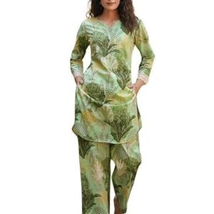 Cotton Blend Green Printed V-Neck Co-ord Set | Daily & Casual Wear