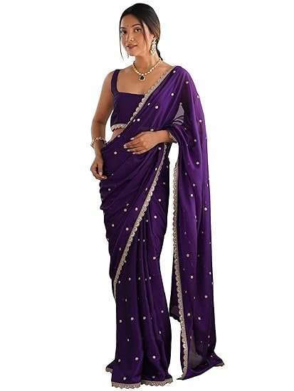 Pure Georgette Embroidered Saree With Unstitched Blouse Piece