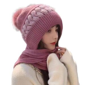 Women Winter Knitted Warm Hat with Scarf,Ear Protection Pompom Woolen Hat for Adult