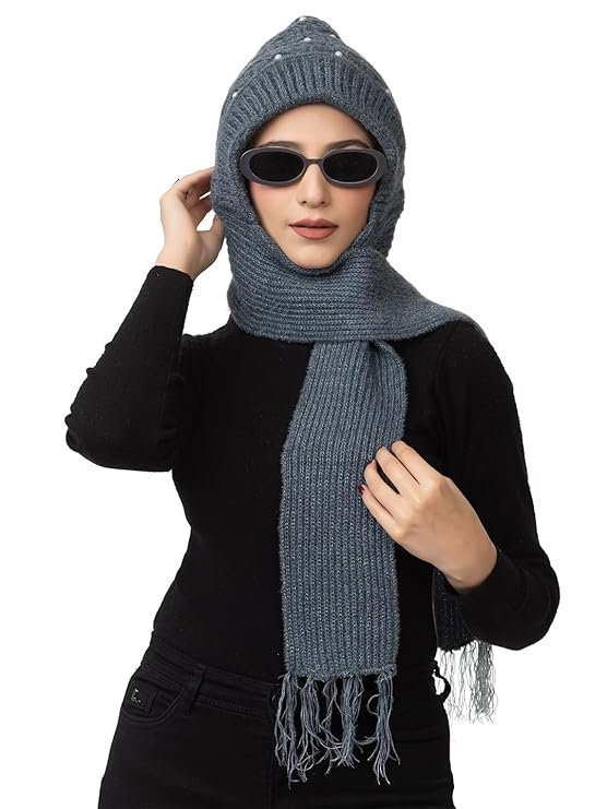 Women's Winter Woolen Soft Warm Knitted Pearls Muffler Beanie Cap With Fur | Fleece Pearl Hat With Attached Scarf For Cold Weather