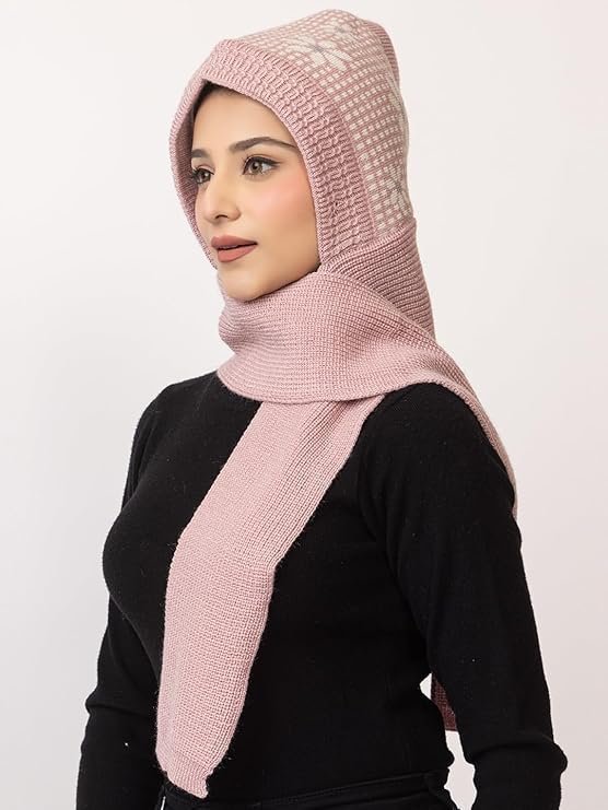 Women's Winter Woolen Soft Warm Knitted Designer Muffler Beanie Cap with Fur | Fleece Printed Woolen Hat with Attached Scarf for Cold Weather - Image 4