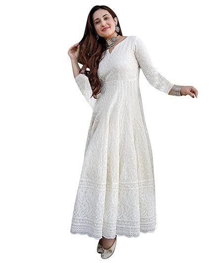 Cotton Straight Fit Straight Chikankari Long Kurti Gown - Image 3