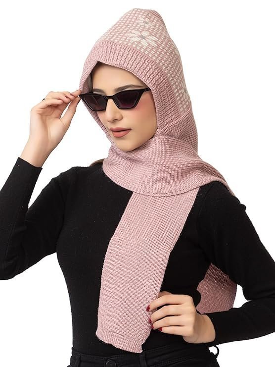 Women's Winter Woolen Soft Warm Knitted Designer Muffler Beanie Cap with Fur | Fleece Printed Woolen Hat with Attached Scarf for Cold Weather