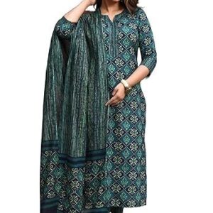 Cotton Blend Straight Kurta Pant Dupatta Set-Stylish Ethnic Wear for Women