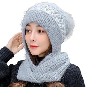 Women Beanie Hat Knitted Winter Cap with Scarf Muffler Soft Plush Velvet Fur Woolen Snow Proof Pom Pom Cap Neck Warmer