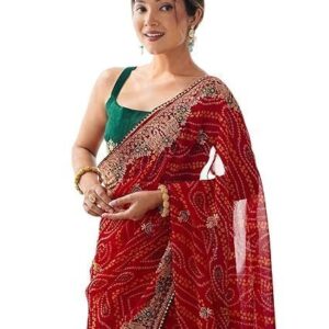 Georgette Bandhani Printed Sequence Embroidery Lace Saree With Unstitched Blouse Piece
