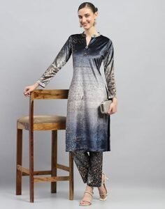 Carlo Womens Printed Round Neck Wool Blend Kurti Set Blue