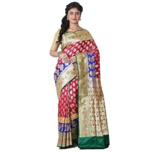 Pure Silk Minakari Banarasi Wedding Saree with bp (Pink, Blue)