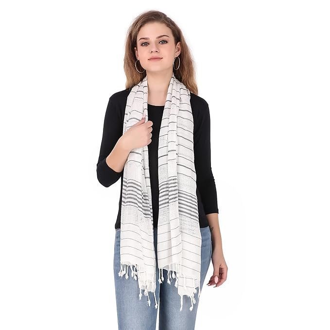 Fill With Colours Stole/Scarf For Female Colour- White Soft Viscose Cotton Blend Ethnic Stripes Pattern Scarves Pack Of 1 ST-15
