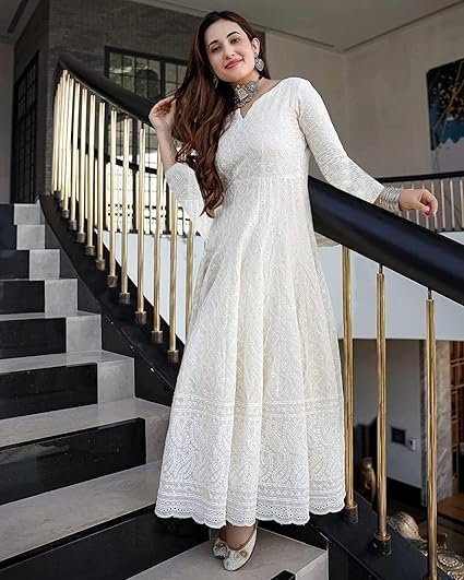 Cotton Straight Fit Straight Chikankari Long Kurti Gown - Image 4