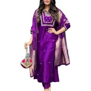 Silk Blend Straight Embroidered Kurta with Pant & Dupatta