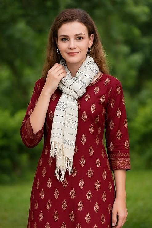 Fill With Colours Stole/Scarf For Female Colour- White Soft Viscose Cotton Blend Ethnic Stripes Pattern Scarves Pack Of 1 ST-15 - Image 4