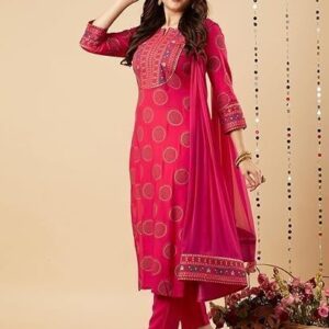 Cotton Blend Straight Printed Kurta with Pant & Dupatta