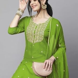 Cotton Blend Embroidered Straight Kurta with Pant & Dupatta