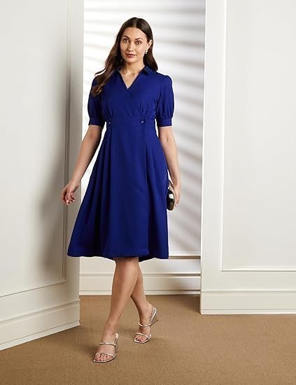 Women's 'Desk-to-Dinner' Fit & Flare Wrap Dress (Midi Length | Stylish) - Image 4