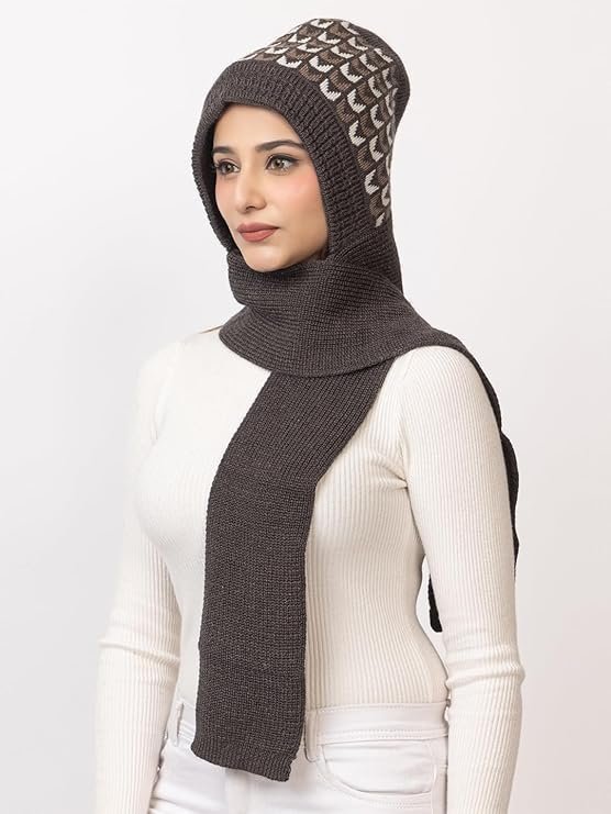 Women's Winter Woolen Warm Soft Knitted Designer Muffler Beanie Cap with Fleece | Fur Printed Woolen Hat with Attached Scarf for Cold Weather - Image 3