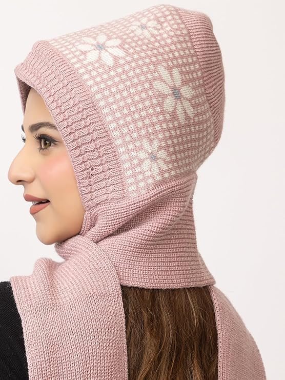 Women's Winter Woolen Soft Warm Knitted Designer Muffler Beanie Cap with Fur | Fleece Printed Woolen Hat with Attached Scarf for Cold Weather - Image 2