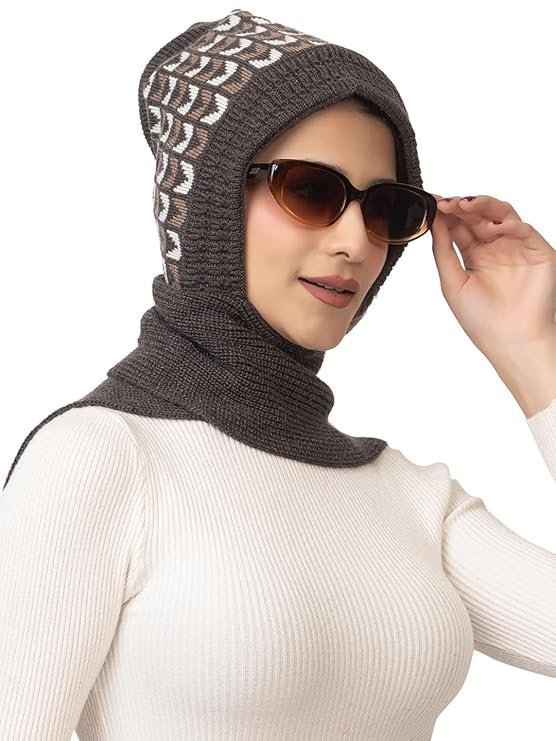 Women's Winter Woolen Warm Soft Knitted Designer Muffler Beanie Cap with Fleece | Fur Printed Woolen Hat with Attached Scarf for Cold Weather