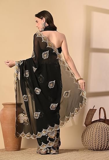 Georgette Black Saree With Attached Blouse Piece - Image 3