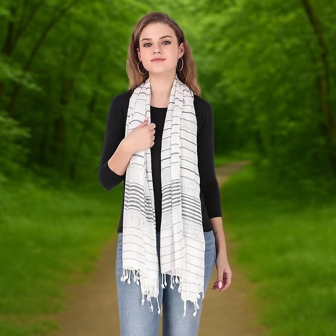 Fill With Colours Stole/Scarf For Female Colour- White Soft Viscose Cotton Blend Ethnic Stripes Pattern Scarves Pack Of 1 ST-15 - Image 5