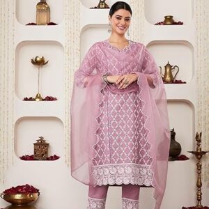 Blend Regular Embroidered Cotton Kurta Pant Set with Organza Dupatta