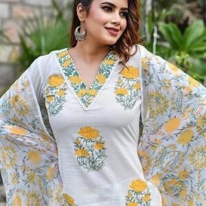 Viscose Straight Block Printed Kurta Pant With Dupatta