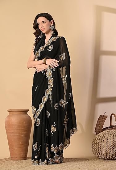 Georgette Black Saree With Attached Blouse Piece - Image 4