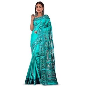 Bishnupuri Silk Meenakari Baluchari Swarnachari Bengal Saree Sea Green