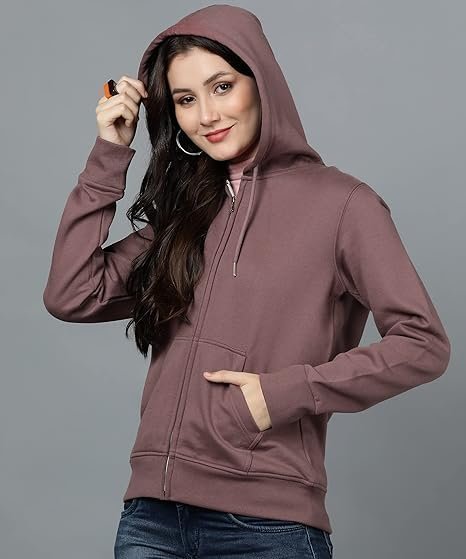 Women's Solid Zipper Hooded Sweatshirt | Front Zip, Ribbed Hem, Lined Hood, Casual Winter Wear - Image 6