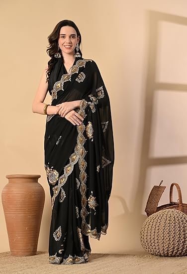 Georgette Black Saree With Attached Blouse Piece - Image 6